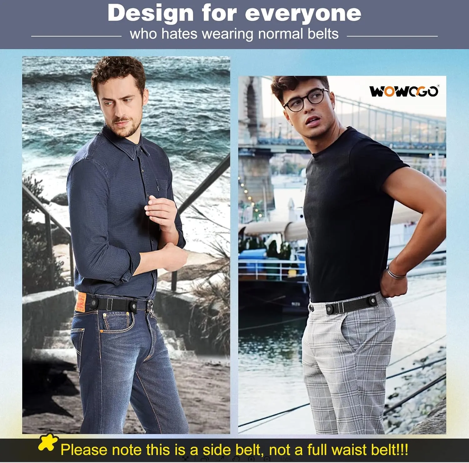 2 Pack No Buckle Belts for Men Women - Elastic Stretch Adjustable Invisible Side Belt Fits 1.5 Inch Loops