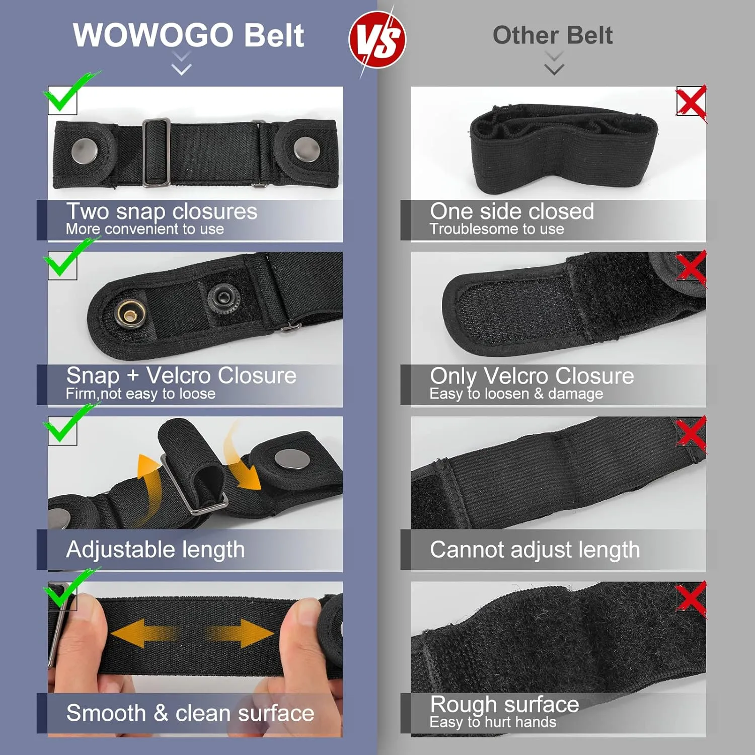 2 Pack No Buckle Belts for Men Women - Elastic Stretch Adjustable Invisible Side Belt Fits 1.5 Inch Loops