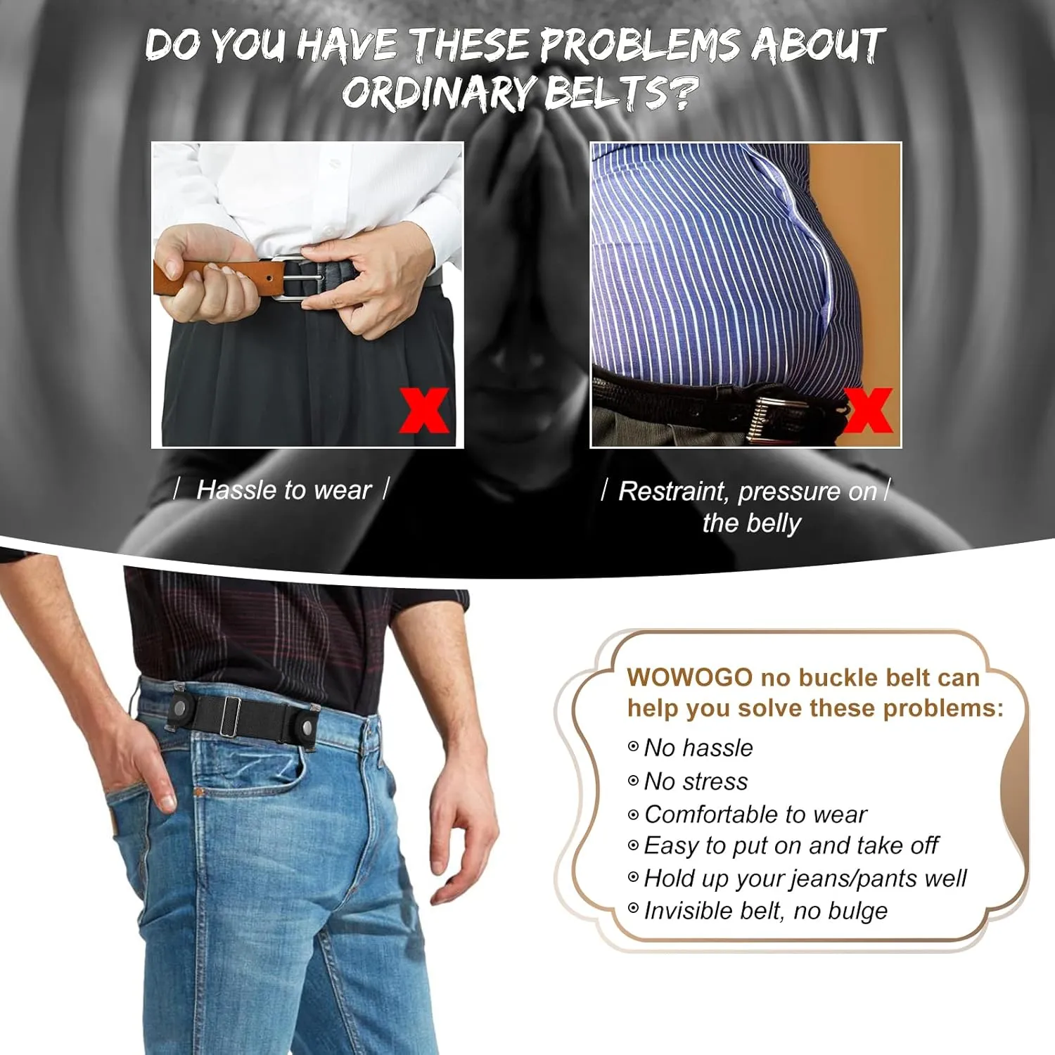 2 Pack No Buckle Belts for Men Women - Elastic Stretch Adjustable Invisible Side Belt Fits 1.5 Inch Loops