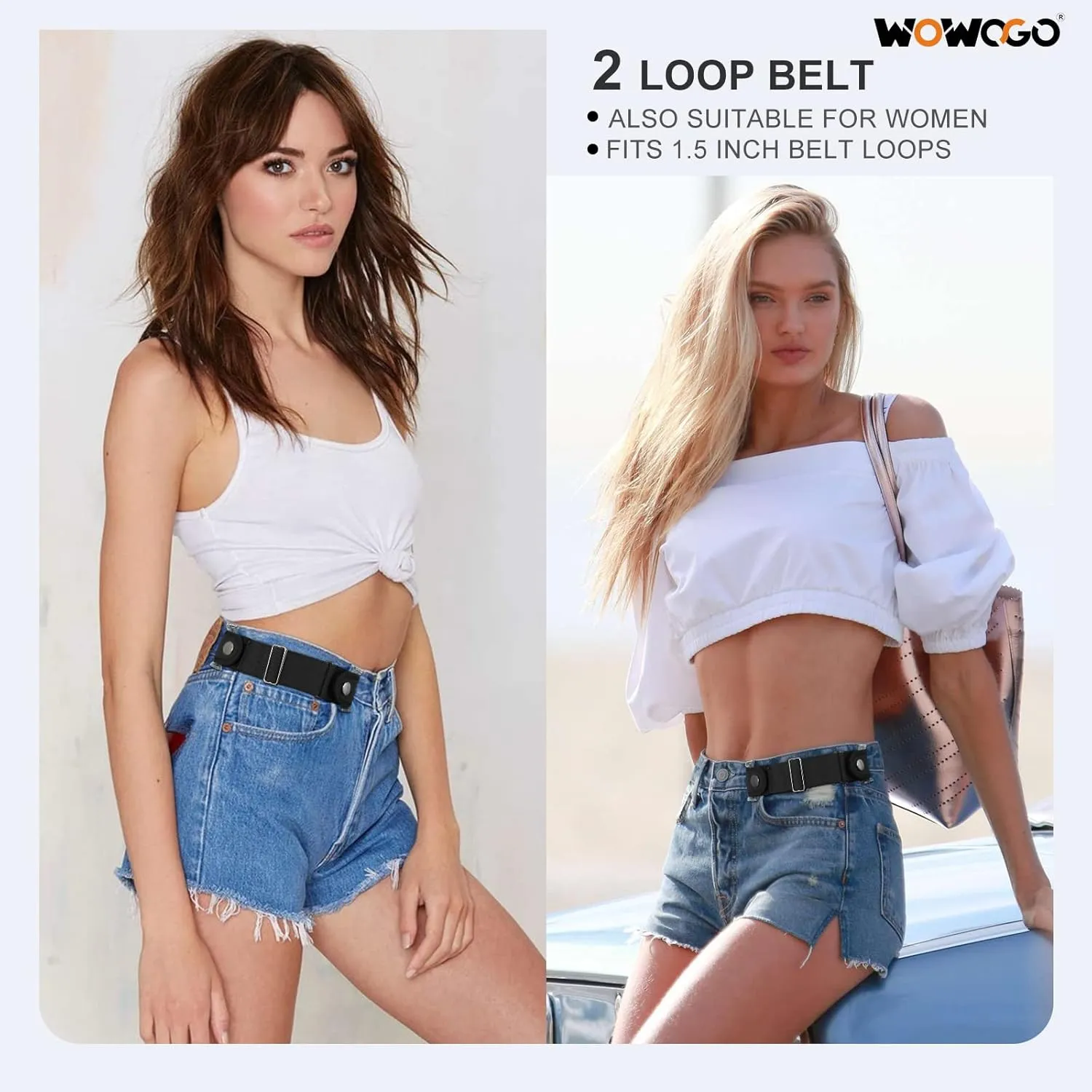 2 Pack No Buckle Belts for Men Women - Elastic Stretch Adjustable Invisible Side Belt Fits 1.5 Inch Loops