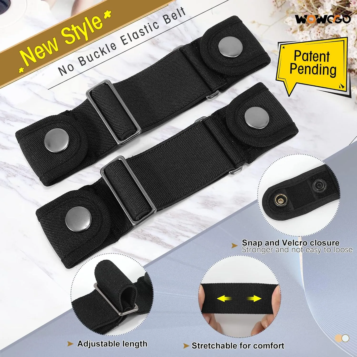 2 Pack No Buckle Belts for Men Women - Elastic Stretch Adjustable Invisible Side Belt Fits 1.5 Inch Loops