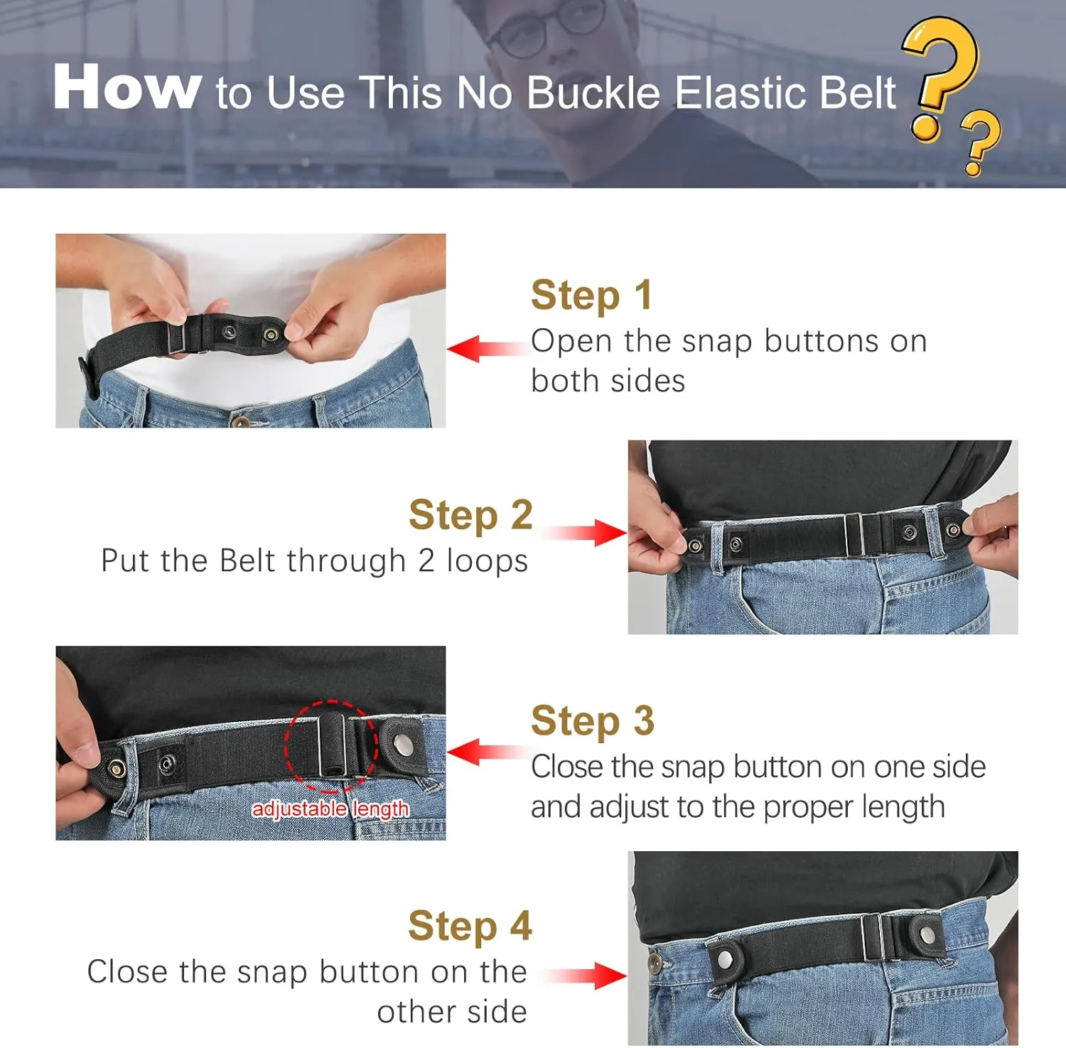 2 Pack No Buckle Belts for Men Women - Elastic Stretch Adjustable Invisible Side Belt Fits 1.5 Inch Loops