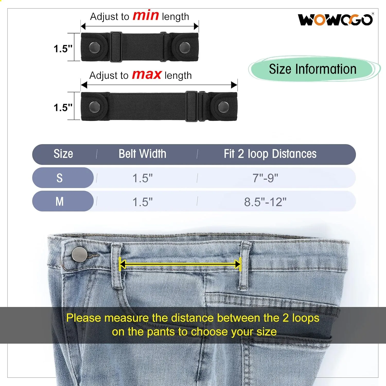 2 Pack No Buckle Belts for Men Women - Elastic Stretch Adjustable Invisible Side Belt Fits 1.5 Inch Loops