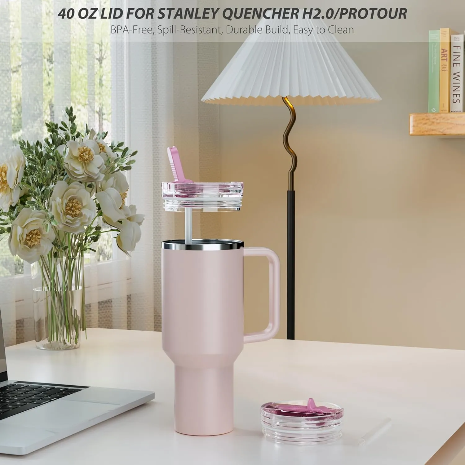 2 Pack Replacement Lid for Stanley 40 oz Quencher H2.0 & ProTour, Flip Straw Tumbler Lid for Stanley Cup, Leakproof, No Spill & Easy to Use Reusable Tumbler Cover (Rose Quartz)