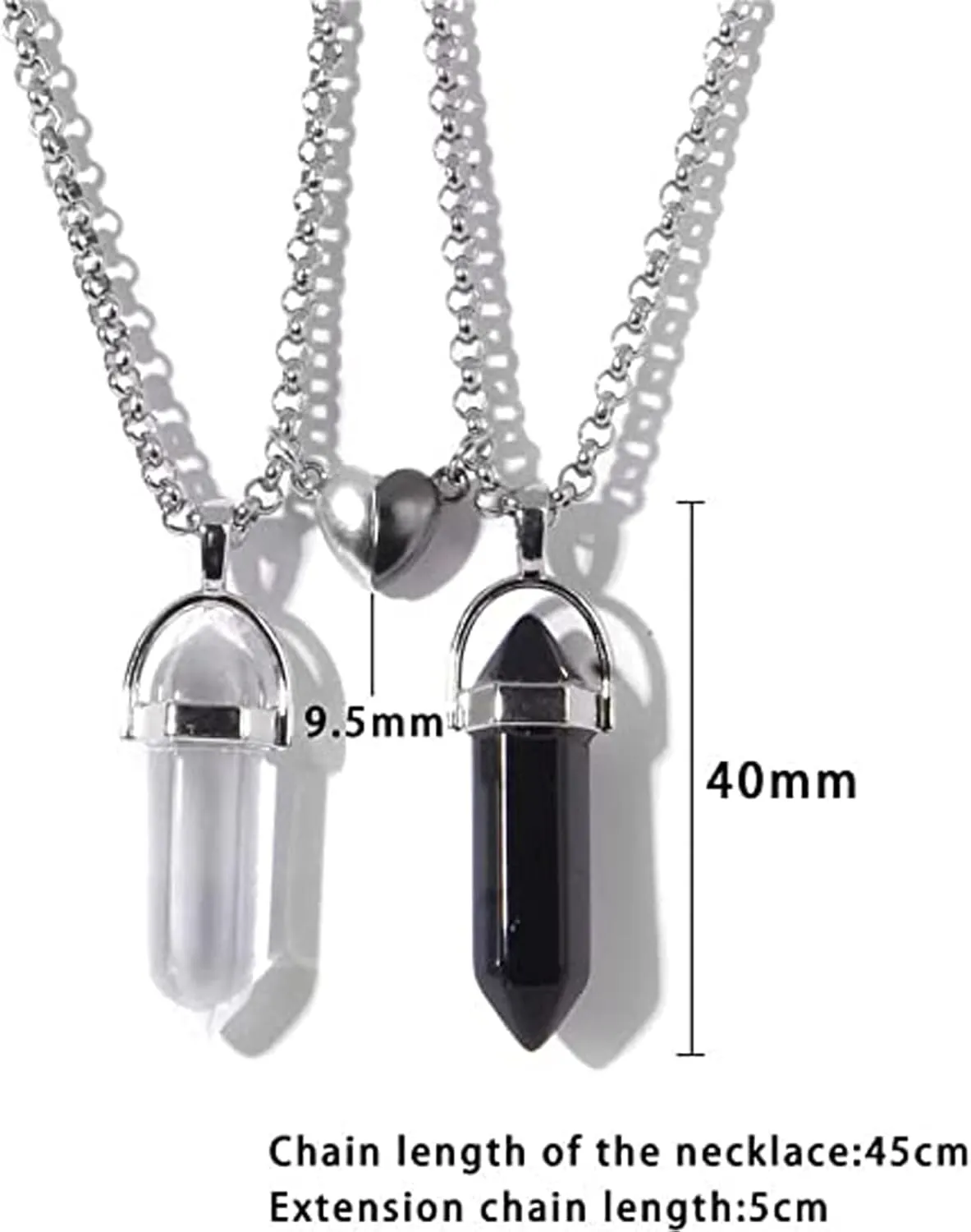 2Pcs Colorful Hexagonal Pointed Quartz Crystal Mutual Attraction Magnetic Heart Pendant Adjustable Necklace Friendship Couple Sweet Gifts for Women