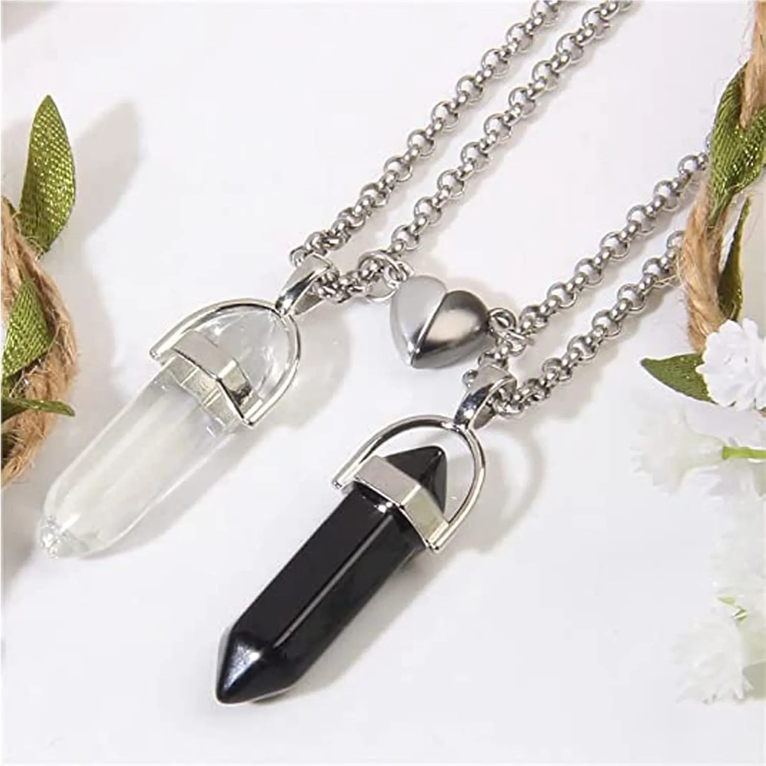 2Pcs Colorful Hexagonal Pointed Quartz Crystal Mutual Attraction Magnetic Heart Pendant Adjustable Necklace Friendship Couple Sweet Gifts for Women