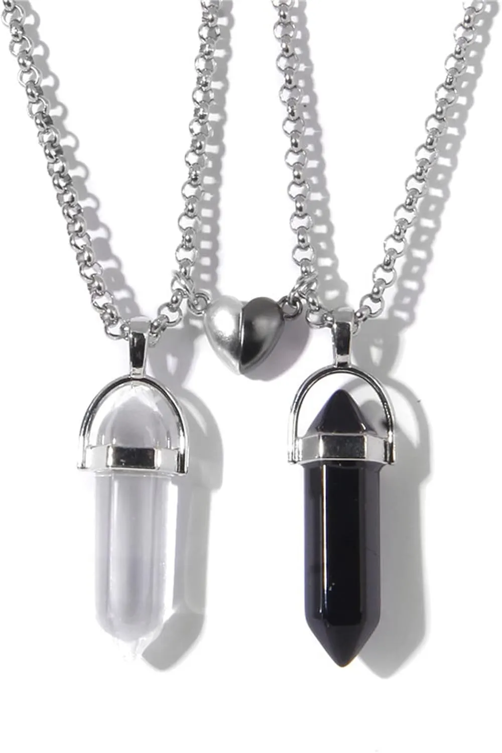 2Pcs Colorful Hexagonal Pointed Quartz Crystal Mutual Attraction Magnetic Heart Pendant Adjustable Necklace Friendship Couple Sweet Gifts for Women