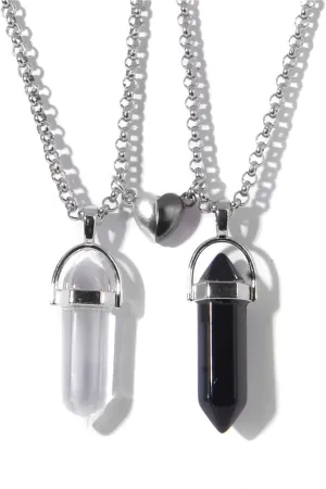 2Pcs Colorful Hexagonal Pointed Quartz Crystal Mutual Attraction Magnetic Heart Pendant Adjustable Necklace Friendship Couple Sweet Gifts for Women