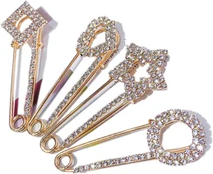 4 Pcs Rhinestone Safety Pin Brooch Set - Faux Crystal Jewelry Sweater Shawl Clips - Fashion Scarves Clasp for Women Girls