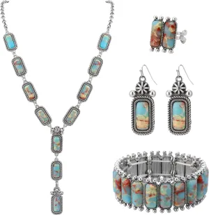 4 PCS Western Turquoise Jewelry for Women Boho Vintage Navajo Pearl Necklace Earring Bracelet Ring Set Country Cowgirl Accessories for Gift