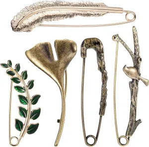 5Pcs Extra Large Safety Pins Alloy Vintage Chic Brooches Safety Pins for Women 5 Styles Heavy Duty Ginkgo Leaf Brooch Pins for Clothing Sweaters Shawls Collars Scarf Blankets Crafts