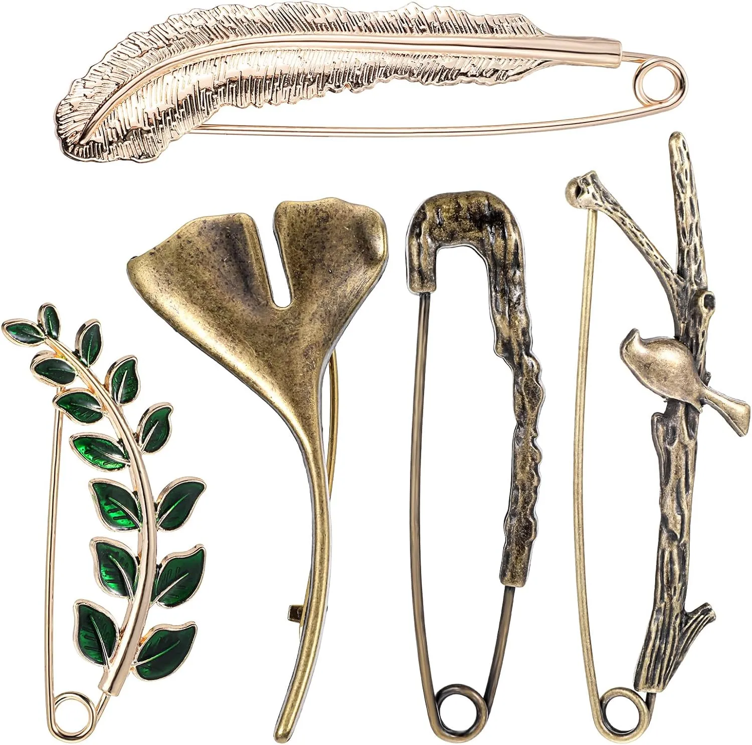 5Pcs Extra Large Safety Pins Alloy Vintage Chic Brooches Safety Pins for Women 5 Styles Heavy Duty Ginkgo Leaf Brooch Pins for Clothing Sweaters Shawls Collars Scarf Blankets Crafts