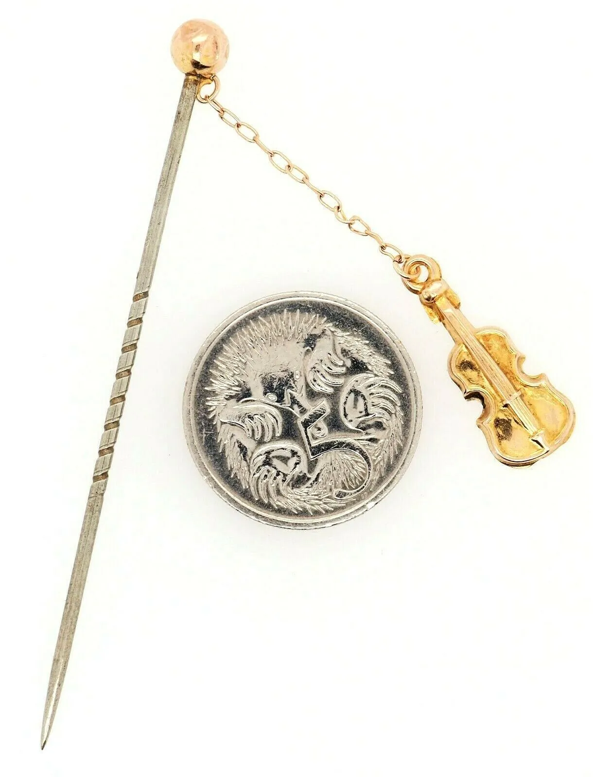 9ct Yellow Gold Violin Steel Pin/Brooch Hat Pin
