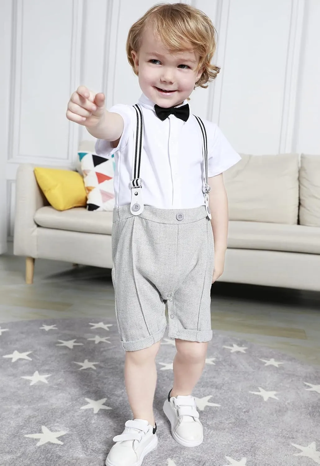 A&J DESIGN 4pcs Baby Boys Suit, Gentleman Outfits 3 Months - 18 Months, Romper & Vest & Berets Hat & Bow Tie