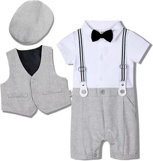 A&J DESIGN 4pcs Baby Boys Suit, Gentleman Outfits 3 Months - 18 Months, Romper & Vest & Berets Hat & Bow Tie