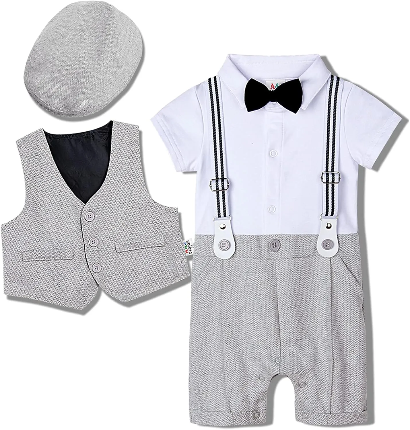 A&J DESIGN 4pcs Baby Boys Suit, Gentleman Outfits 3 Months - 18 Months, Romper & Vest & Berets Hat & Bow Tie