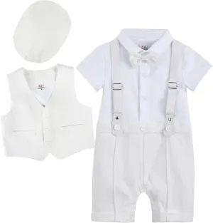 A&J DESIGN 4pcs Baby Boys Suit, Gentleman Outfits 3 Months - 18 Months, Romper & Vest & Berets Hat & Bow Tie