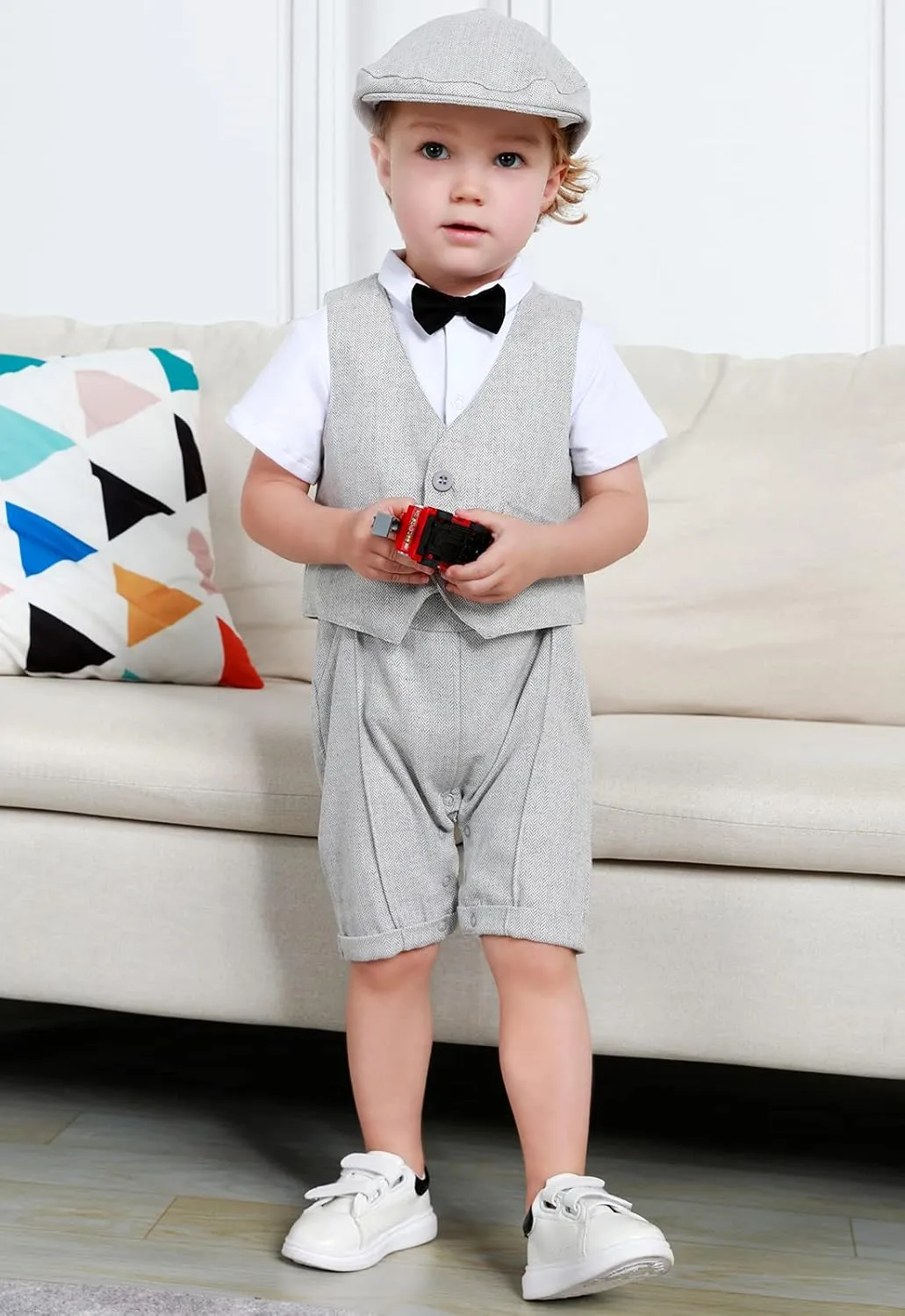 A&J DESIGN 4pcs Baby Boys Suit, Gentleman Outfits 3 Months - 18 Months, Romper & Vest & Berets Hat & Bow Tie