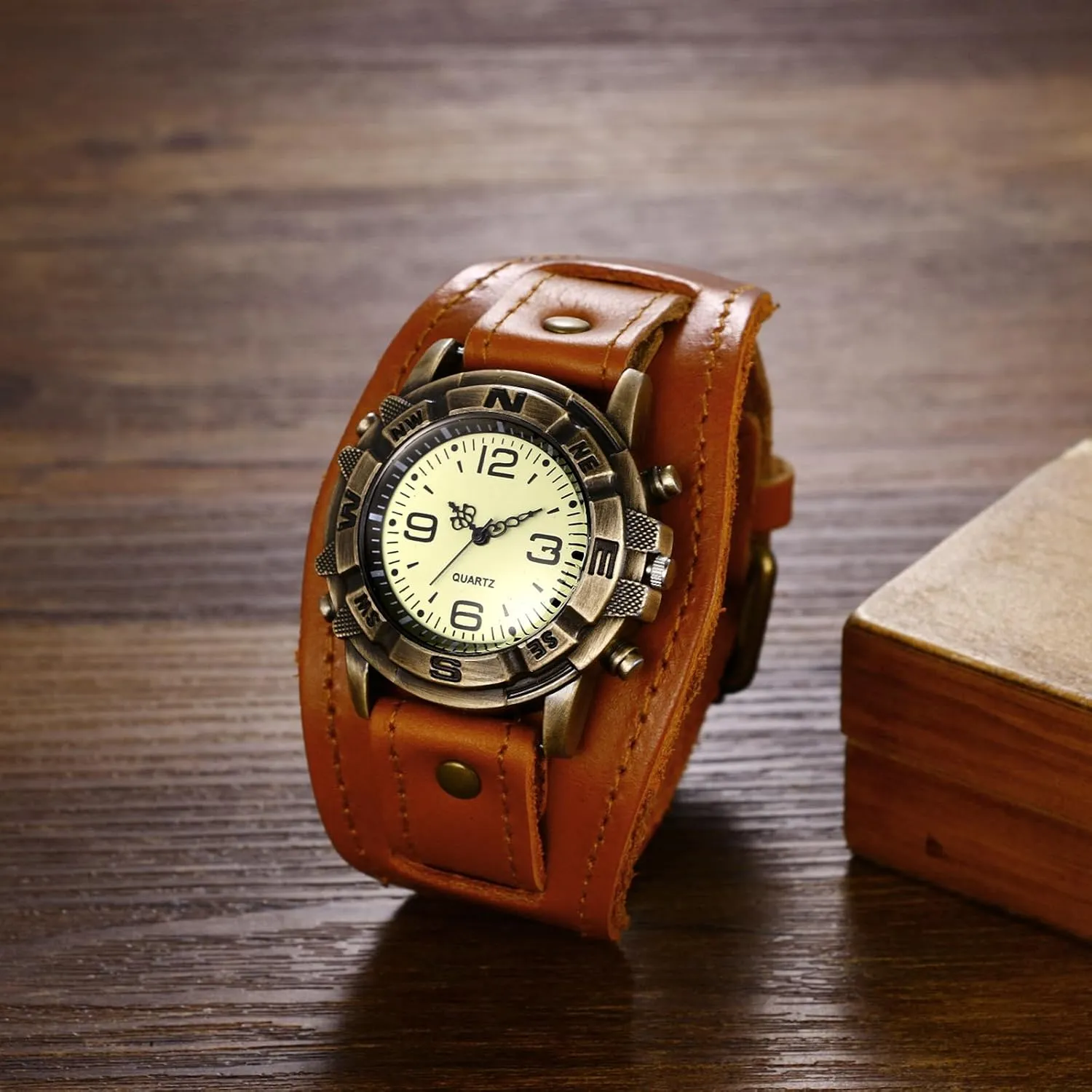 Avaner Vintage Leather Watches, Retro Punk Cuff Watch, Wide Band Quartz Watches for Men and Women