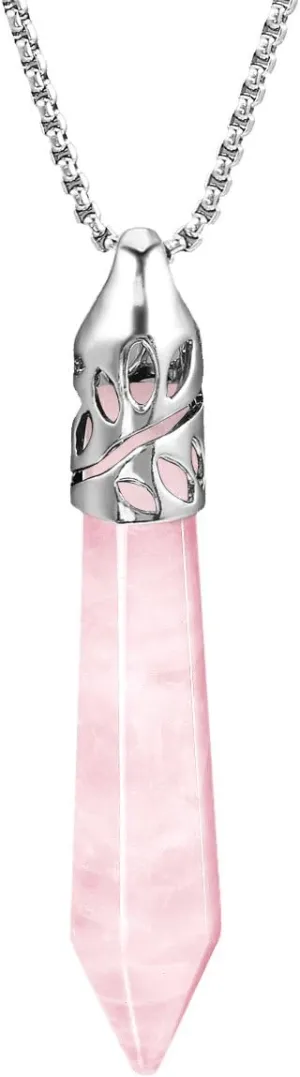 BEADNOVA Healing Crystal Necklace for Women Men Natural Rose Quartz Crystal Pendant Energy Healing Gemstones Jewelry Pendulum Crystal Divination (Hexagonal, 18 Inches Stainless Steel Chain)