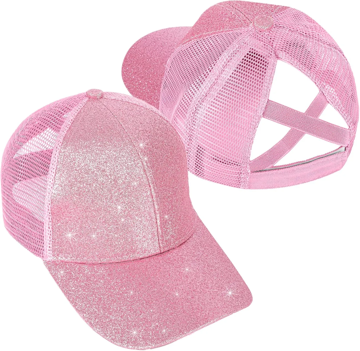 BROMZ Girls Glitter Baseball Cap Kids Ponytail Hat Adjustable Summer Mesh Trucker Hats for 4-12 Years