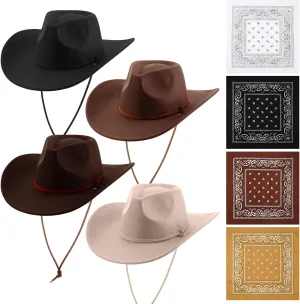 Cowboy Hats and Bandanas Women Men Retro Wide Brim Western Cowgirl Belt Buckle Panama Hat