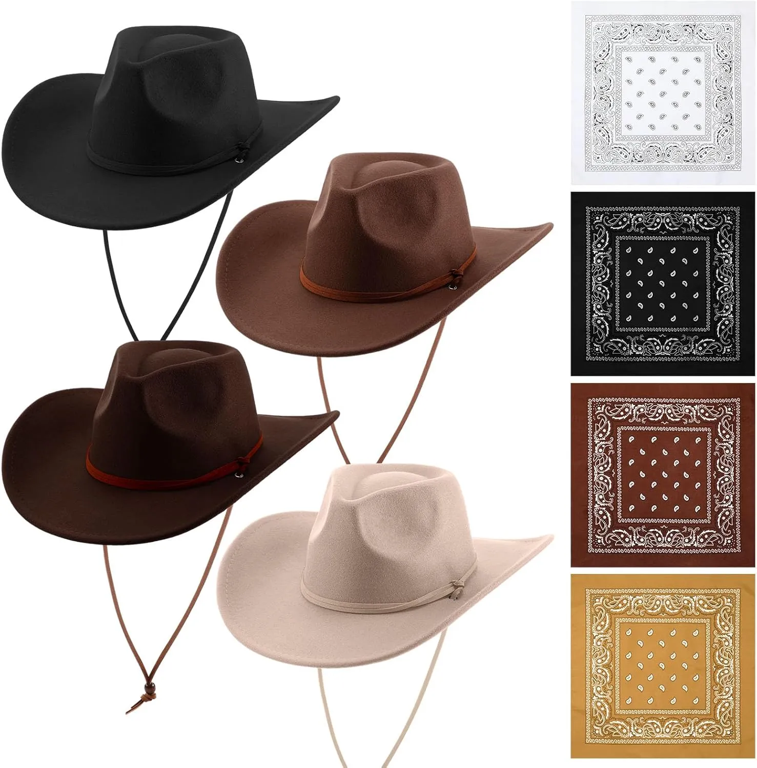 Cowboy Hats and Bandanas Women Men Retro Wide Brim Western Cowgirl Belt Buckle Panama Hat
