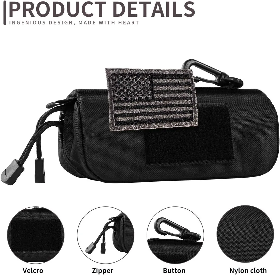 Eyeglasses Hard Shell Case Tactical Molle Zipper Sunglasses Carrying Case 1000D Nylon with Clip