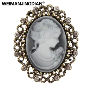 Factory Direct Sale Vintage Queen's Cameo Crystal Brooch Pins for Women in Antique Gold color