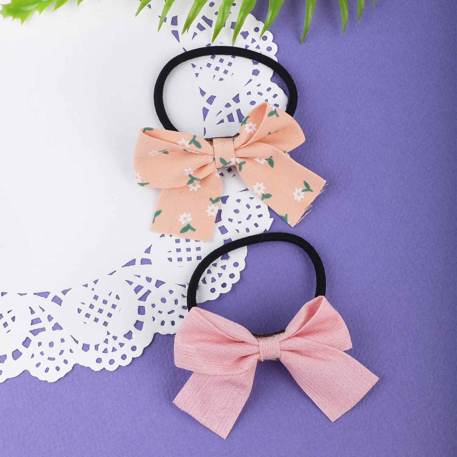 Floral And Solid Rubber Bands Hair Bows 2 Pcs - Peach, Pink