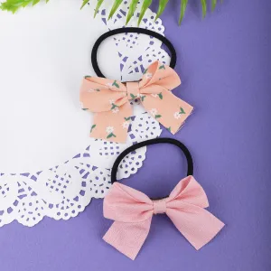 Floral And Solid Rubber Bands Hair Bows 2 Pcs - Peach, Pink