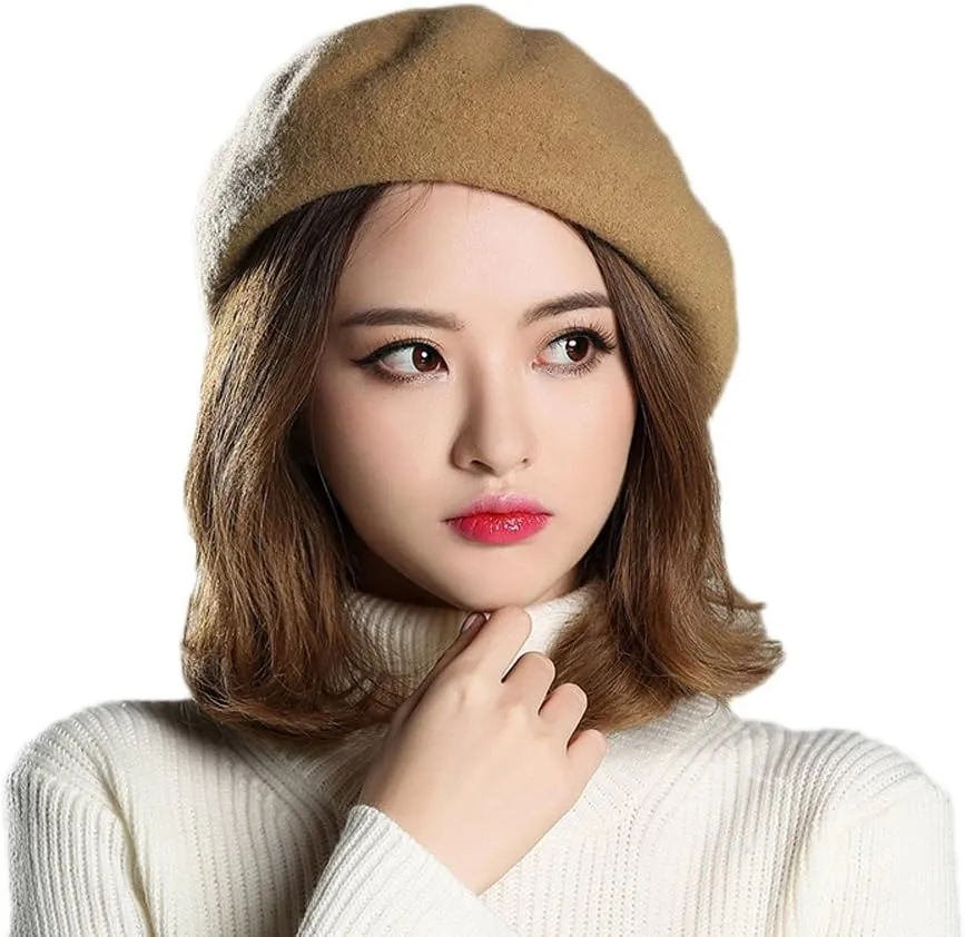 French Romantic Beret Camel Wool Beret Women Beanie Fedora Cap for Teens