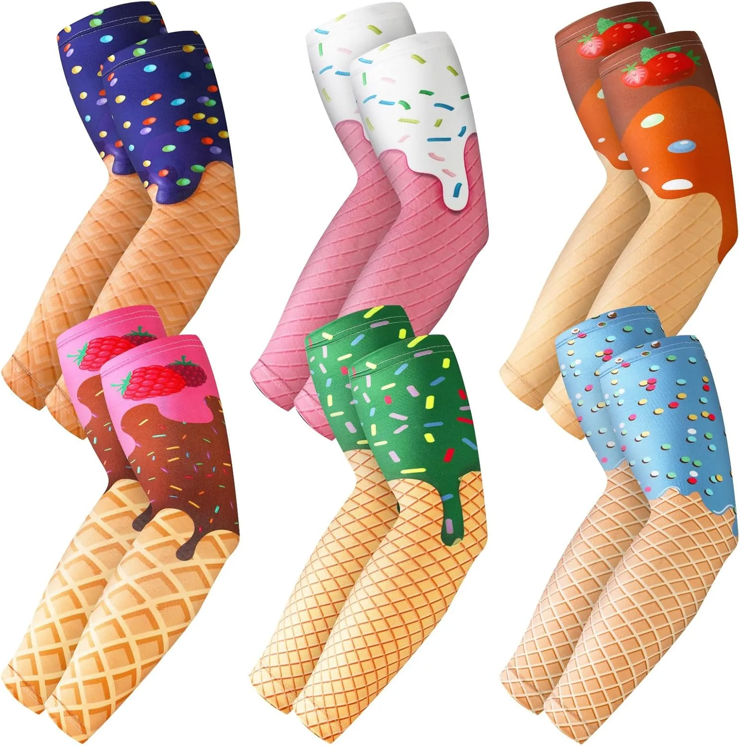Geyoga 6 Pairs Ice Cream Compression Arm Sleeves for Women Men Ice Silk Tattoo Cover up Cooling UV Sun Protection for Sports