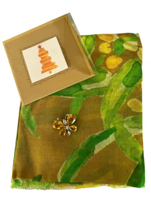 🎄Gift Pack - Silk Modal Luxury Scarf wattle  Butterfly Brooch   Card