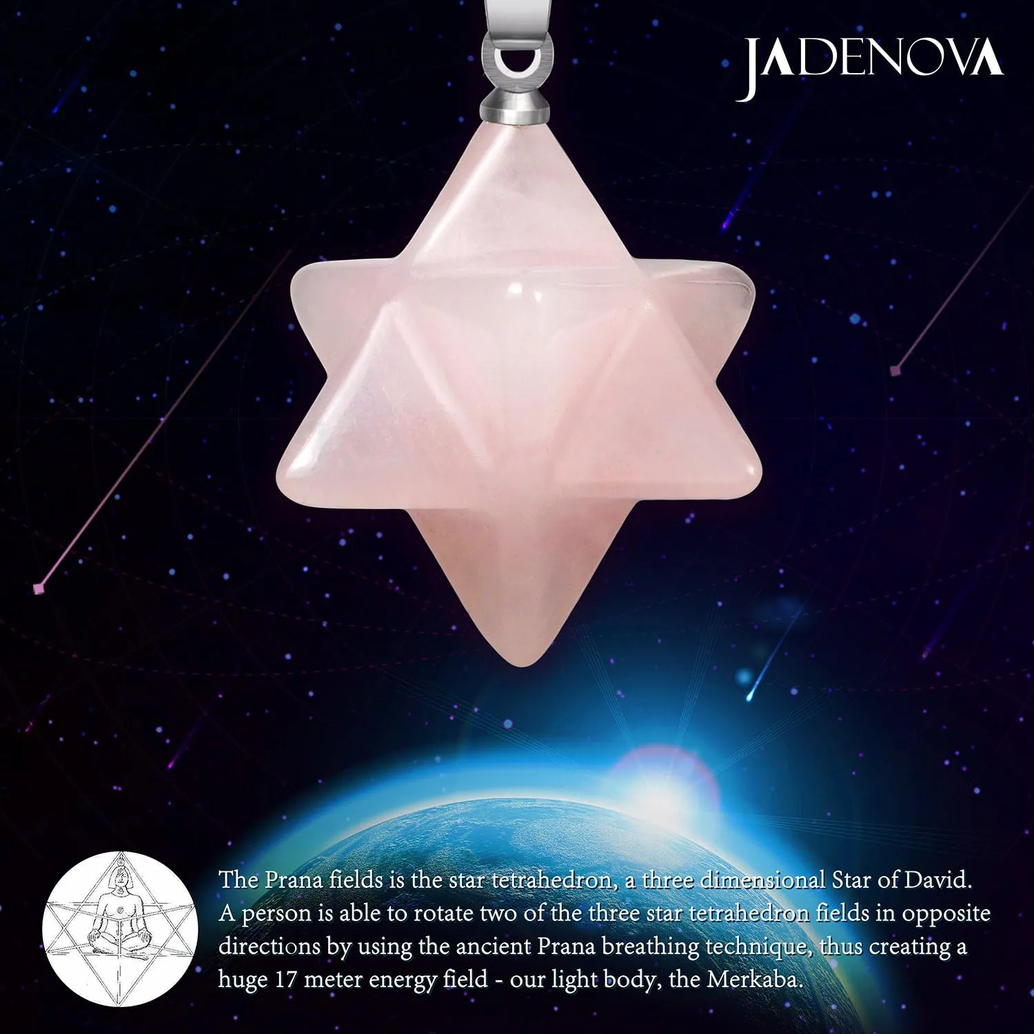 JADENOVA Merkaba Crystal Pendent Necklace for Women Men Jewelry Energy Healing Gemstone pendant (18 Inches Stainless Steel Chain)