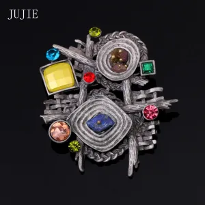 JUJIE Retro Brooches For Women Vintage Rhinestone Pins Multicolor Nature Stone Brooch Female Geometric Irregular Crystal Jewelry