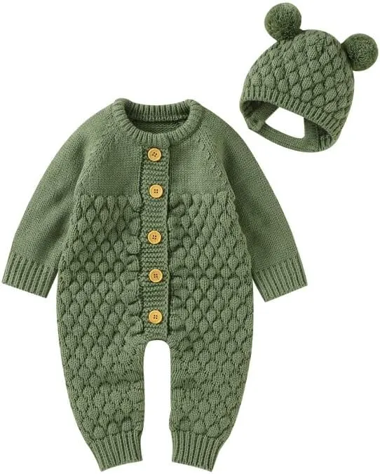 LAWKUL Baby Outfit Cotton Knit Newborn Infant Romper Knitted Longsleeve Sweater Clothes With Warm Hat Set Toddler Boy Girl