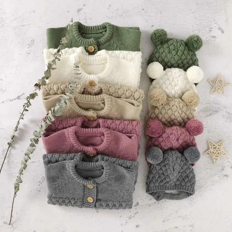 LAWKUL Baby Outfit Cotton Knit Newborn Infant Romper Knitted Longsleeve Sweater Clothes With Warm Hat Set Toddler Boy Girl