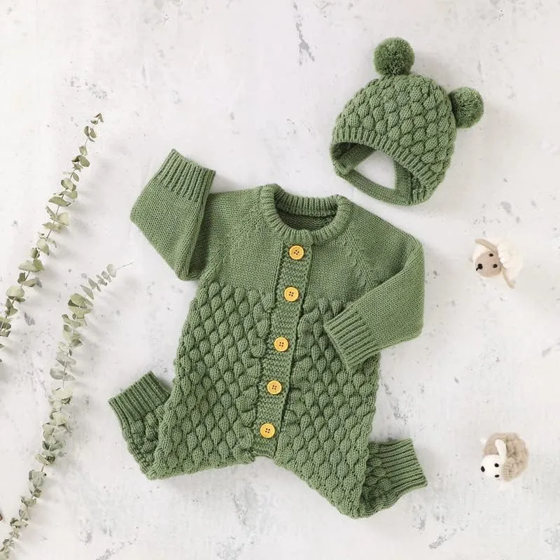 LAWKUL Baby Outfit Cotton Knit Newborn Infant Romper Knitted Longsleeve Sweater Clothes With Warm Hat Set Toddler Boy Girl