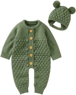 LAWKUL Baby Outfit Cotton Knit Newborn Infant Romper Knitted Longsleeve Sweater Clothes With Warm Hat Set Toddler Boy Girl