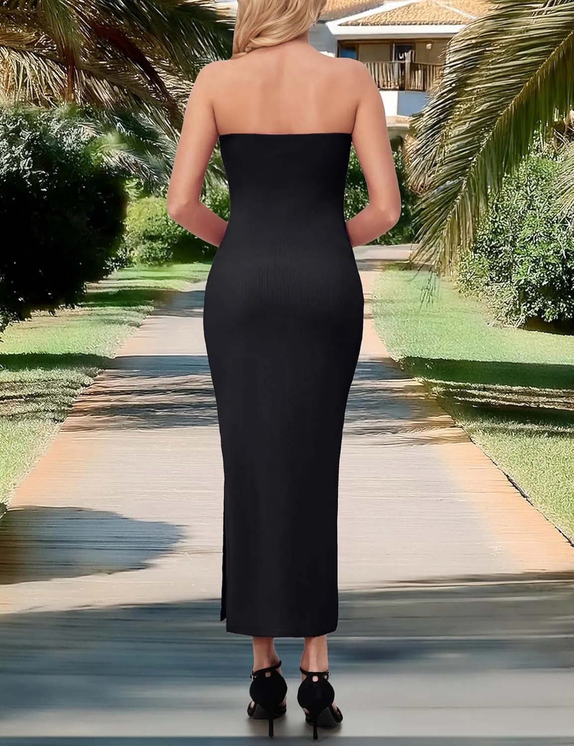 MANER Women's Strapless Bodycon Maxi Tube Dress Ribbed Elegant Casual Long Party Dresses