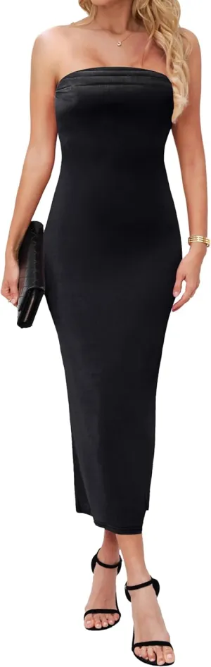 MANER Women's Strapless Bodycon Maxi Tube Dress Ribbed Elegant Casual Long Party Dresses