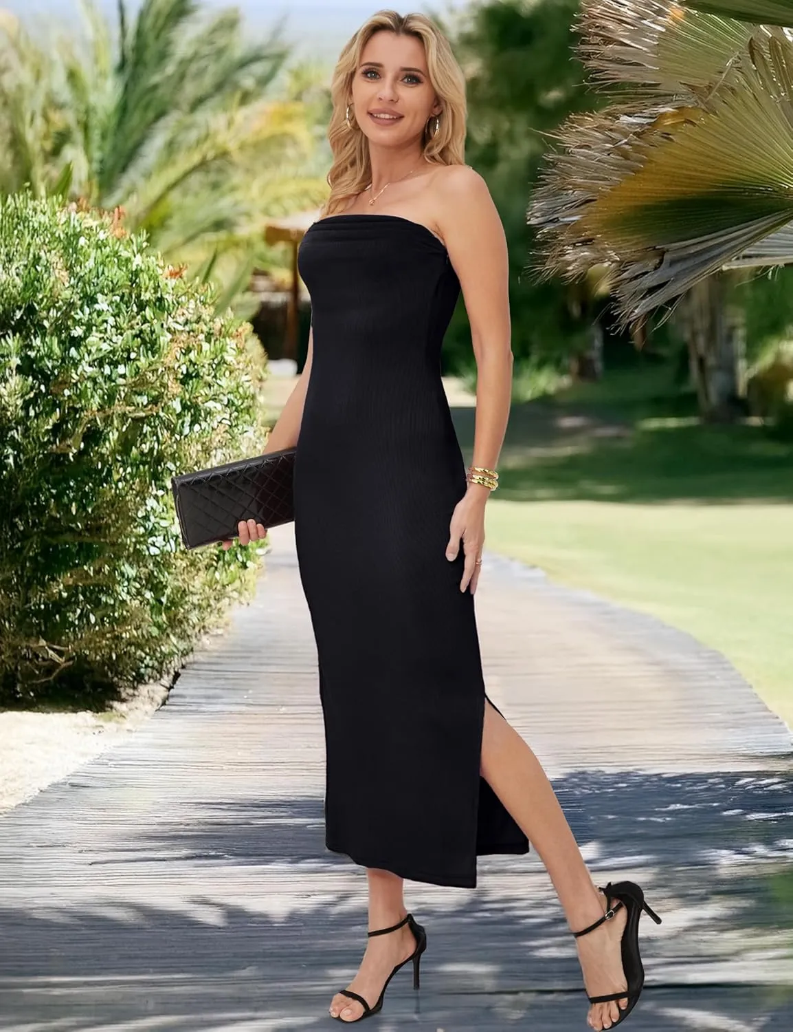 MANER Women's Strapless Bodycon Maxi Tube Dress Ribbed Elegant Casual Long Party Dresses