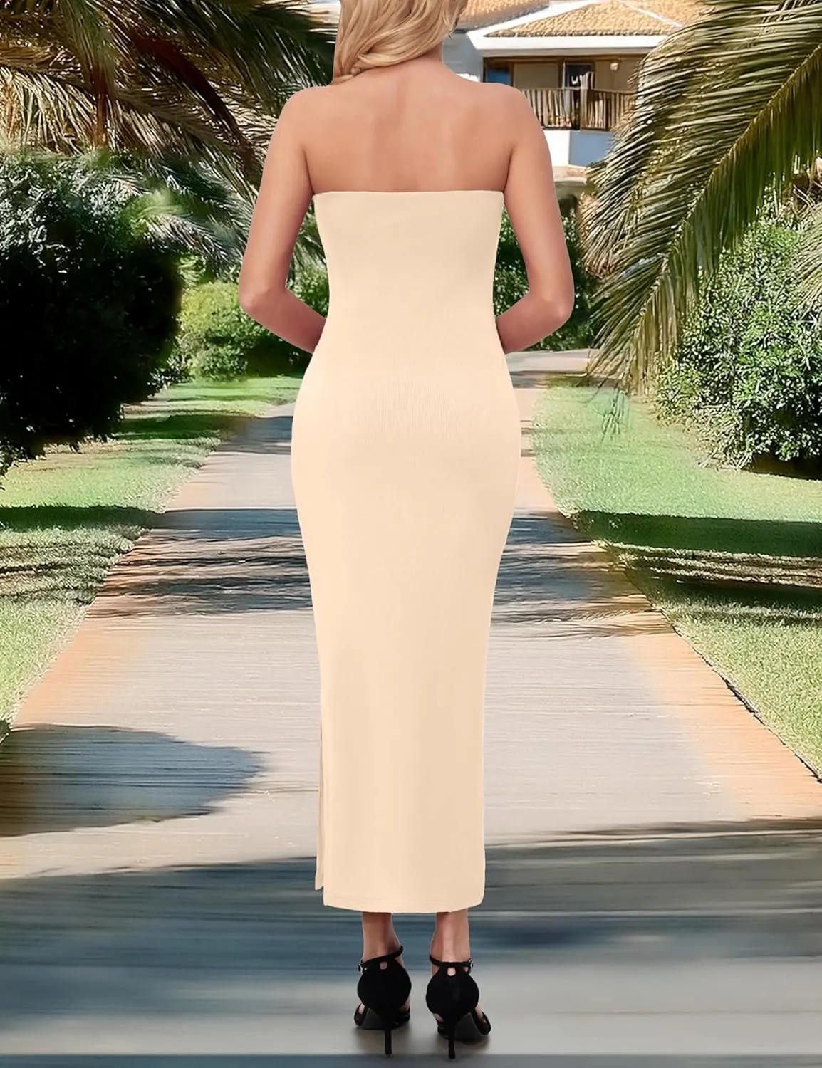 MANER Women's Strapless Bodycon Maxi Tube Dress Ribbed Elegant Casual Long Party Dresses