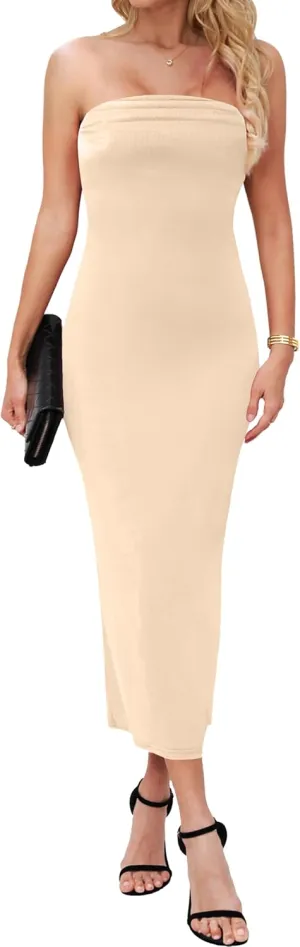 MANER Women's Strapless Bodycon Maxi Tube Dress Ribbed Elegant Casual Long Party Dresses