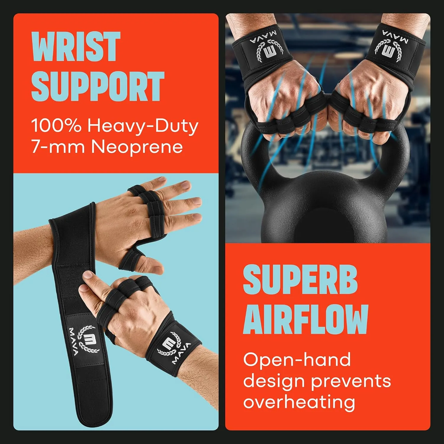 MAVA Open Gym Gloves for Men & Women; Padded Weight Lifting Gloves with Wrist Support for Comfort, Protection; Strong-Grip Fingerless Workout Gloves for Men & Women; Anti-Sweat Gym Accessories