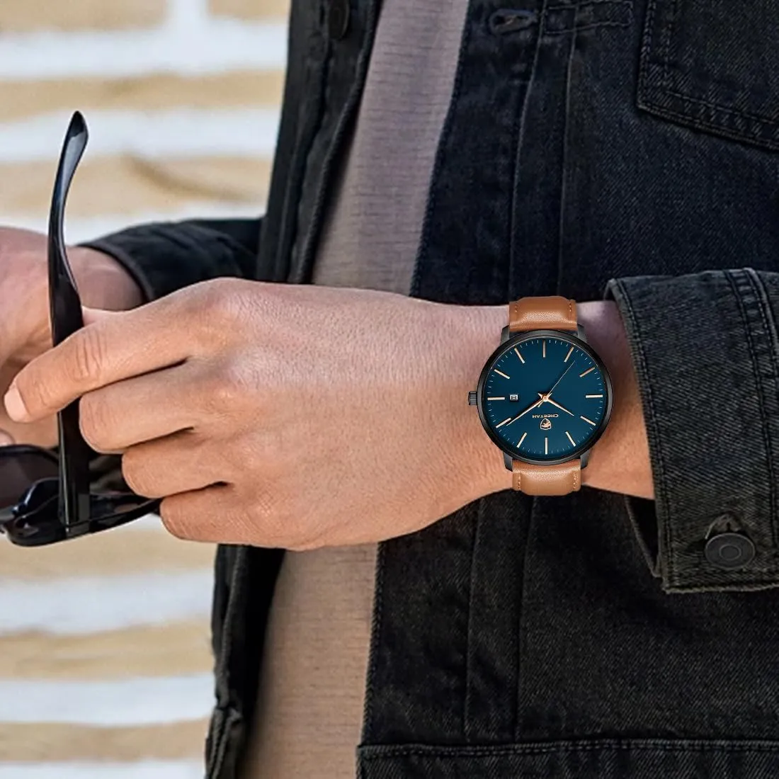 Minimalist Waterproof Quartz Watches for Men with Leather Strap, Auto Date