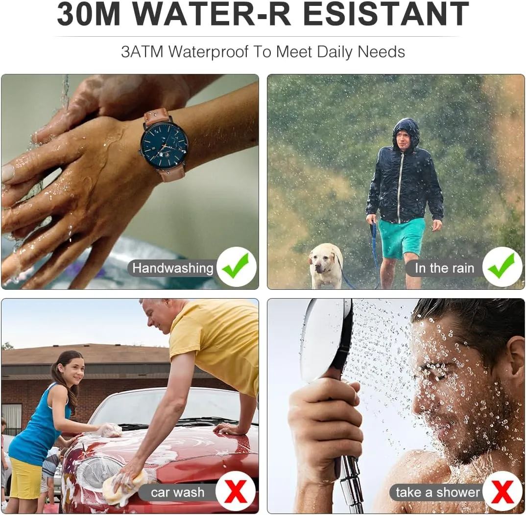 Minimalist Waterproof Quartz Watches for Men with Leather Strap, Auto Date