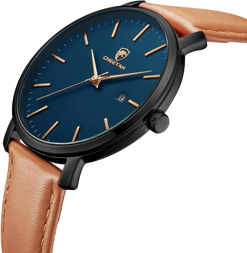 Minimalist Waterproof Quartz Watches for Men with Leather Strap, Auto Date