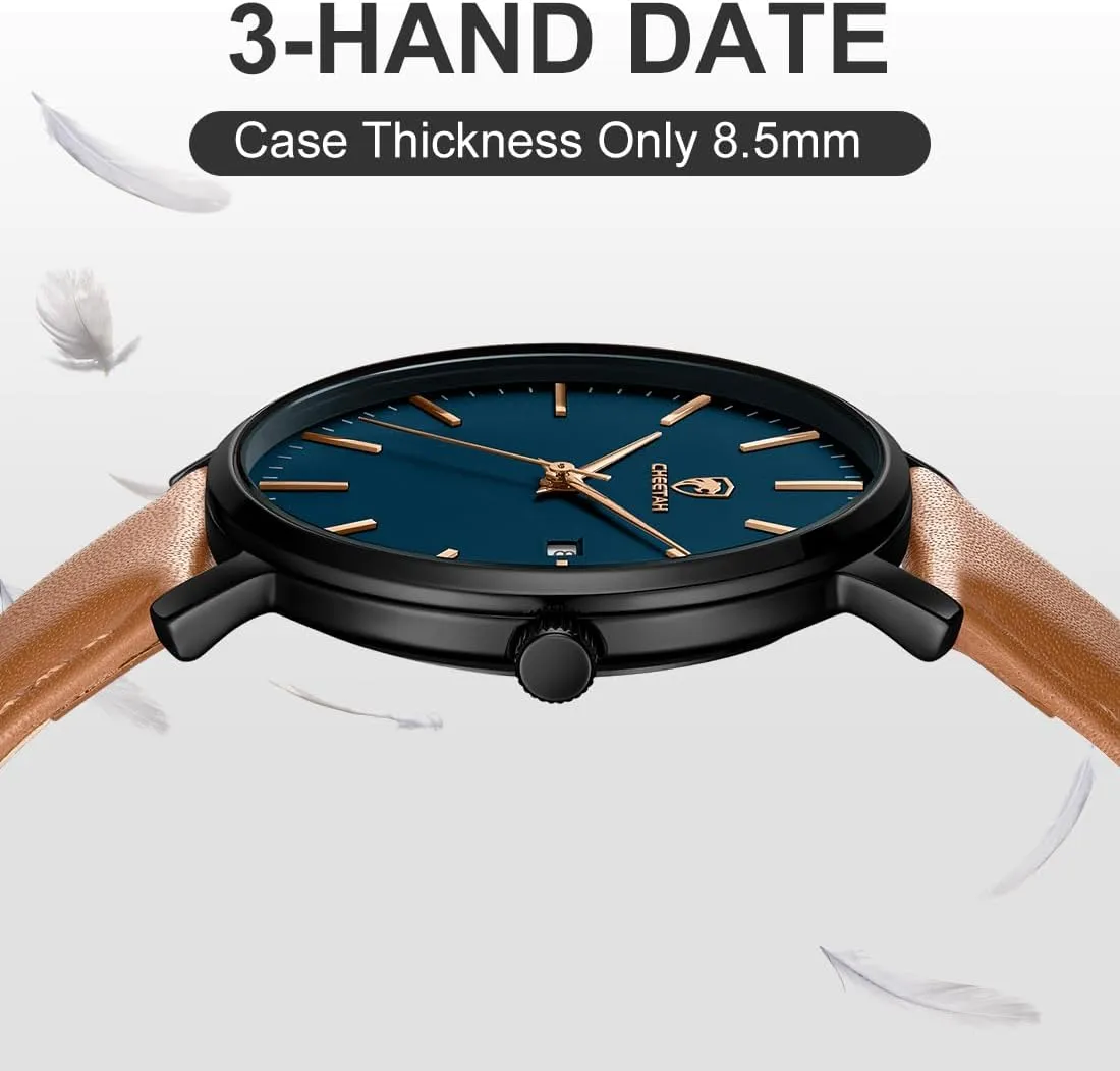 Minimalist Waterproof Quartz Watches for Men with Leather Strap, Auto Date